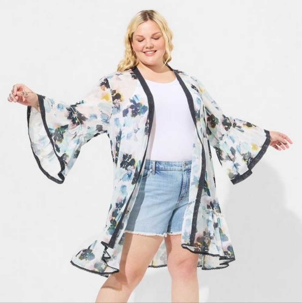 Torrid Size 0 Textured Chiffon Midi Ruffle Kimono - Floral Cloud Dancer